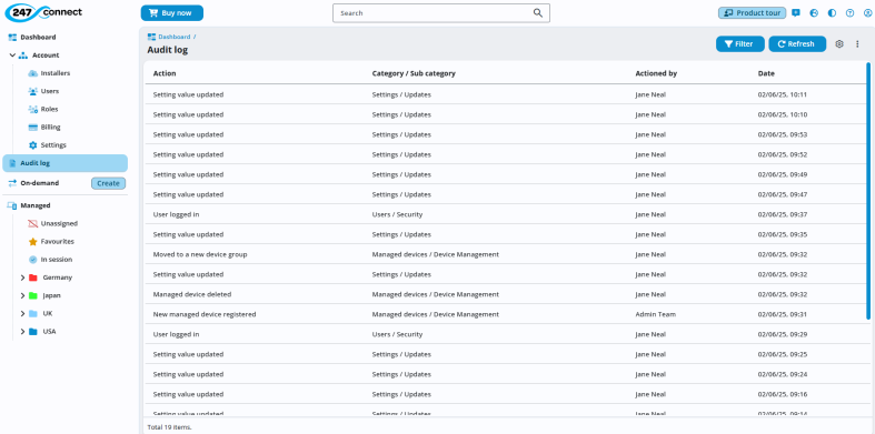 Screen showing the Audit log in 247connect. The main panel displays a table with columns: Action, Category / Sub category, Actioned by, and Date. The table lists user activities such as logins, logouts, setting updates, and device group changes. Buttons for Filter and Refresh are at the top right. 